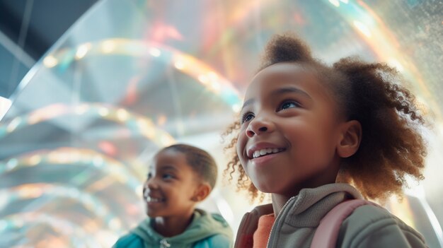 Kids in futuristic school classroom