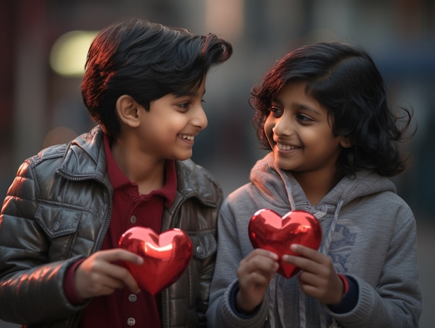 Kids holding heart shaped objects