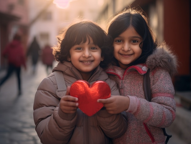 Kids holding heart shaped objects
