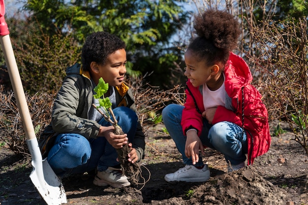 Kids learning how to plant a tree