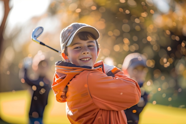 무료 사진 사진 현실적 인 환경 에서 골프 를 하는 아이 들