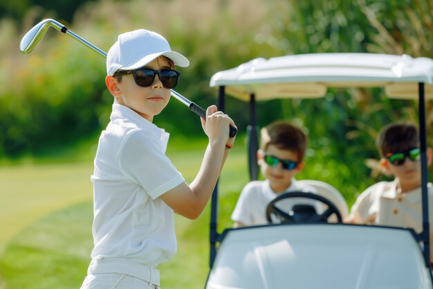 Kids playing golf in photorealistic environment