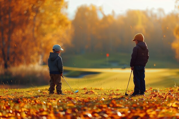 写真に現実的な環境でゴルフをしている子供たち