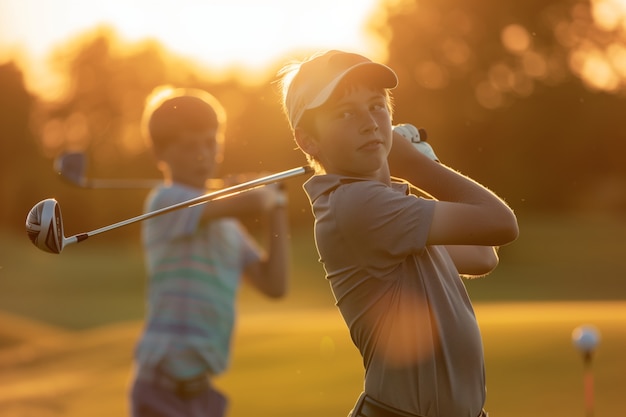 Kids playing golf in photorealistic environment