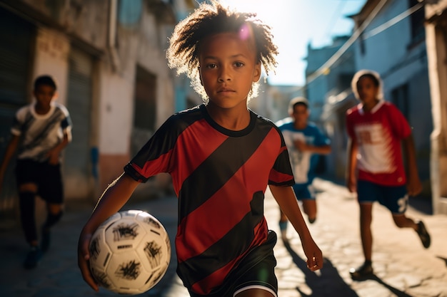 Free photo kids playing soccer outdoors