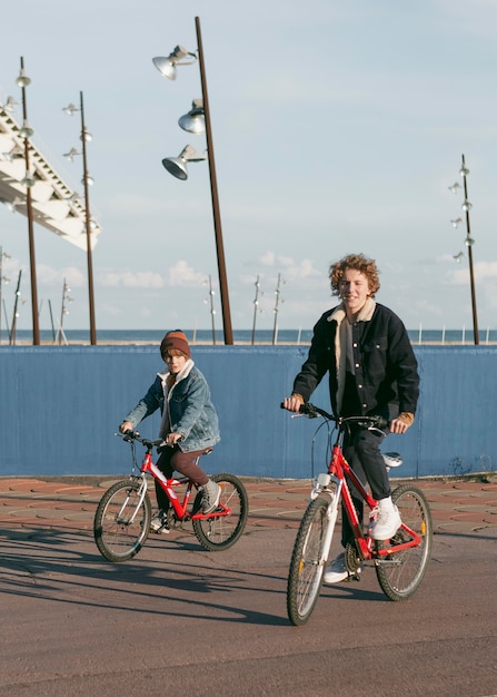 Kids riding bicycles outdoors