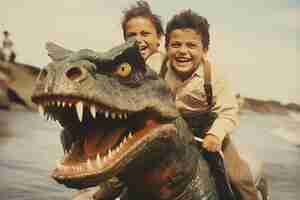 Free photo kids riding a dinosaur