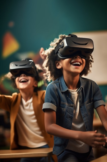 Kids with vr glasses in abstract futuristic school classroom