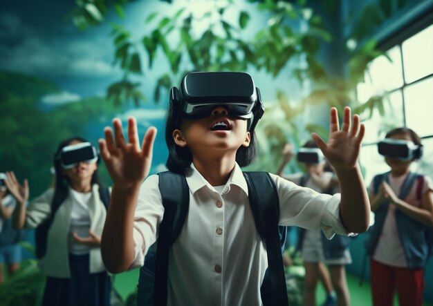 Kids with vr glasses in abstract futuristic school classroom