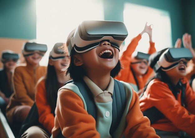 Kids with vr glasses in abstract futuristic school classroom