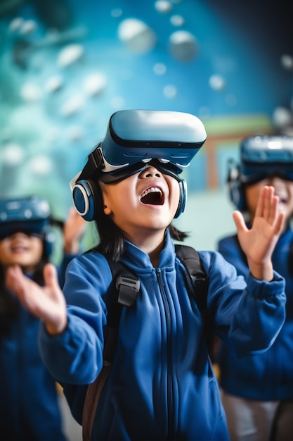 Kids with vr glasses in abstract futuristic school classroom