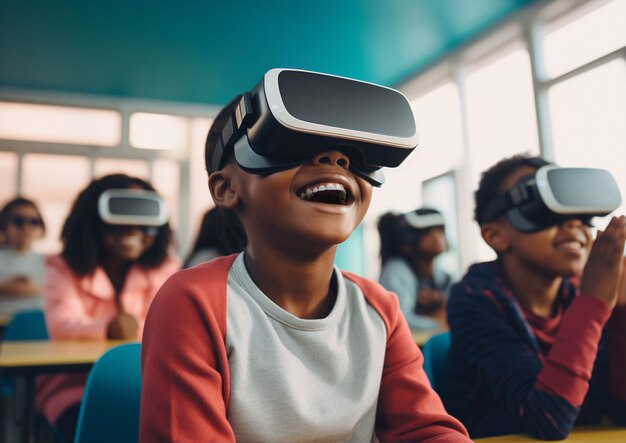 Kids with vr glasses in abstract futuristic school classroom