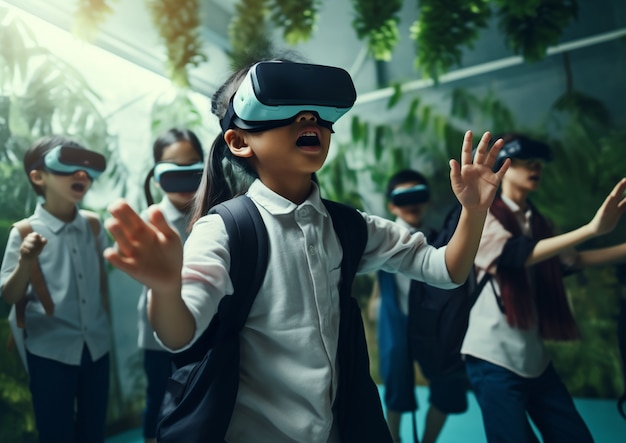 Kids with vr glasses in abstract futuristic school classroom