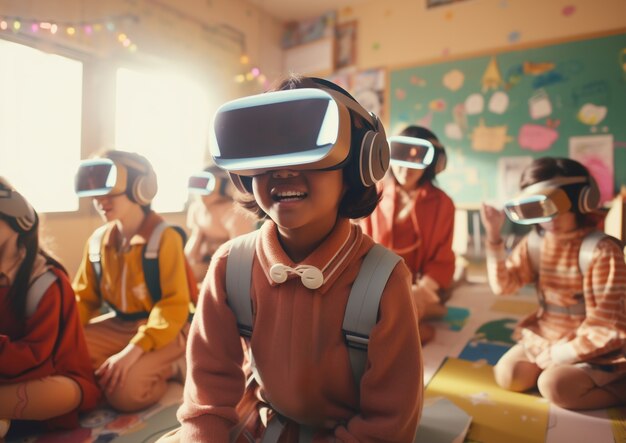 Kids with vr glasses in abstract futuristic school classroom