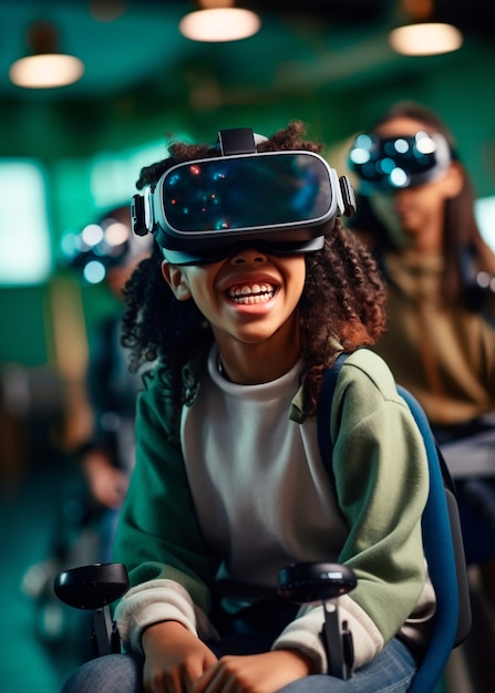 Дети в очках виртуальной реальности в абстрактном футуристическом школьном классе