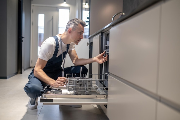 Free Photo kitchen facilities profile of man touching details in kitchen lit by daylight