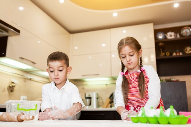 キッチンの家族の子供の母の料理