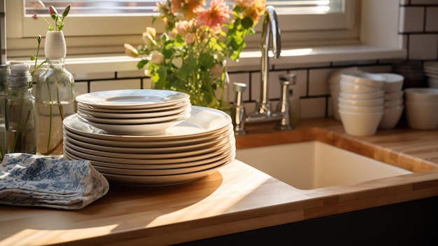 Free photo kitchen sink with dishes on a wooden countertop