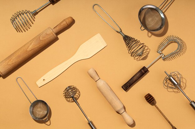 Kitchen utensils composition arrangement top view