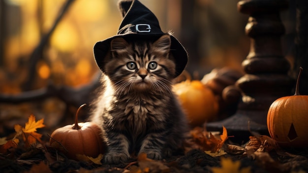 Free photo a kitten dons a witch's hat