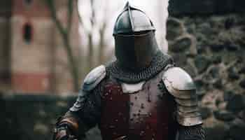 Free photo a knight in a red armor stands in front of a stone wall.