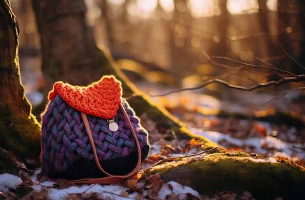 Knitted bag sitting on forest ground