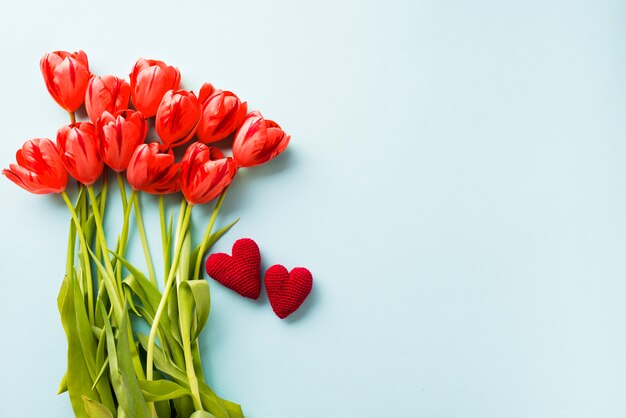 Вязаные сердца возле тюльпанов