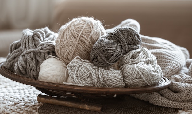 Knitting threads on the table