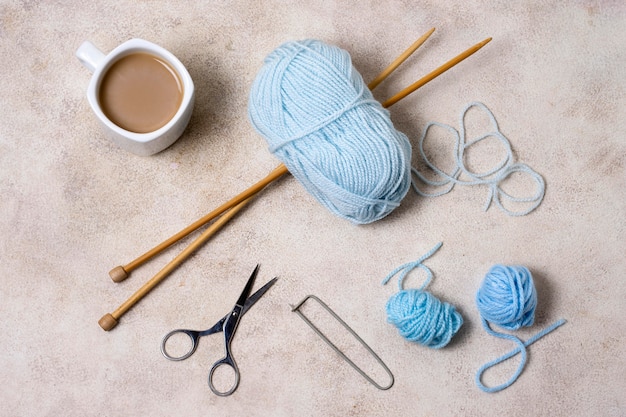 Knitting tools on table