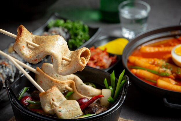 Korean fish cake and vegetable soup on table