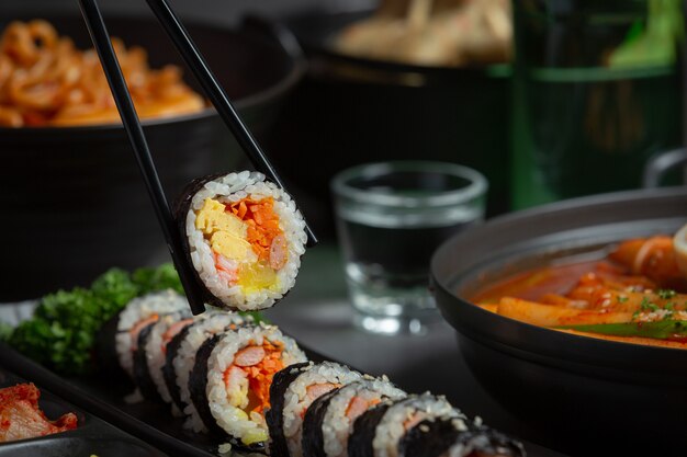 Korean food, Kim Bap - Steamed rice with vegetables in seaweed.