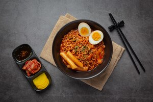 korean instant noodle and tteokbokki in korean spicy sauce, ancient food