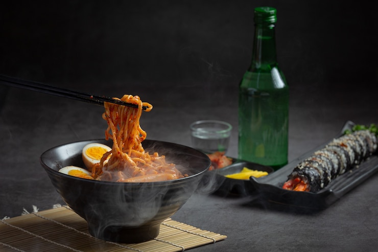 Free Photo korean instant noodle and tteokbokki in korean spicy sauce, ancient food