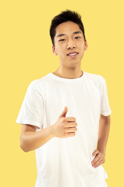 Korean young man's portrait. Male model in white shirt. Smiling and showing the sign of OK. Concept of human emotions, facial expression.