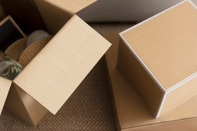 Kraft boxes on a Scandinavian living room floor