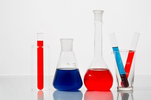 Lab glassware with blue and red liquid still life
