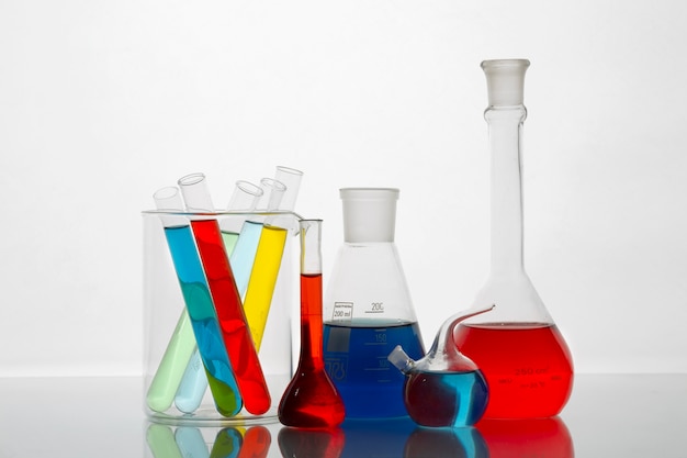 Lab glassware with colored substance assortment