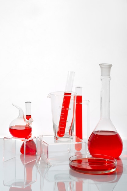 Lab glassware with red liquid assortment