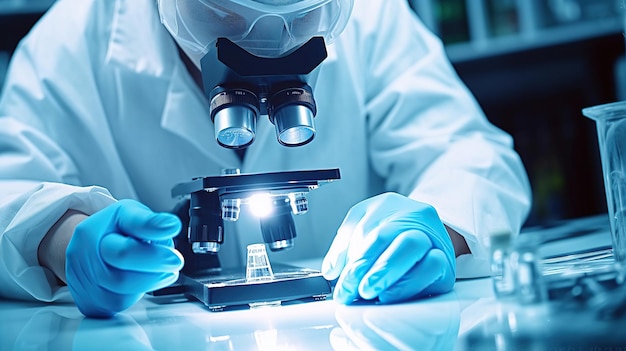 A Lab Technician in a Mask Examines Test Tubes and Utilizes a Microscope for Analysis