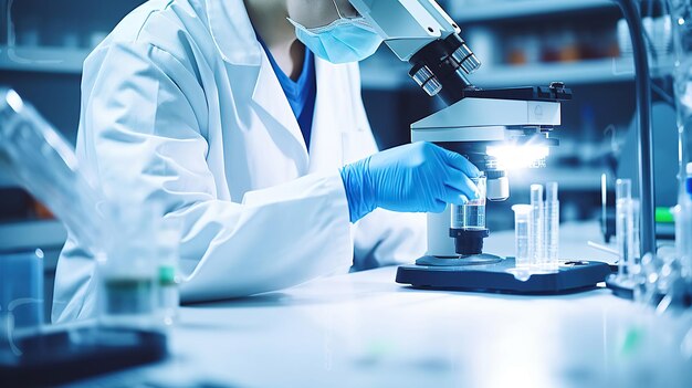 A Lab Technician in a Mask Examines Test Tubes and Utilizes a Microscope for Analysis