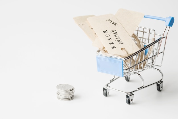 Labels in shopping trolley near coins