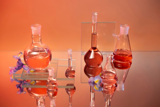 Laboratory glassware arrangement with flowers arrangement