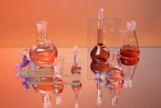 Free photo laboratory glassware arrangement with red liquids