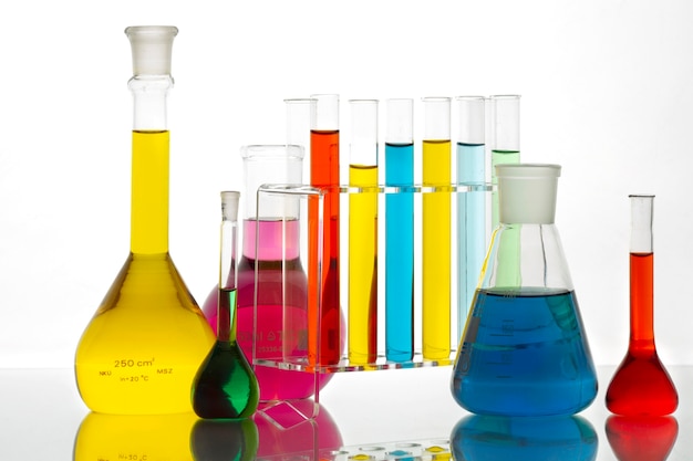 Laboratory glassware containing colorful liquid still life