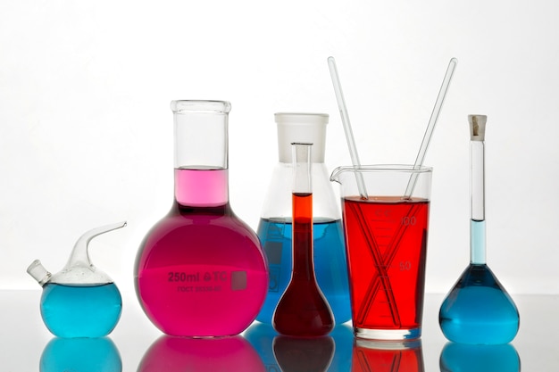 Laboratory glassware containing colorful liquid