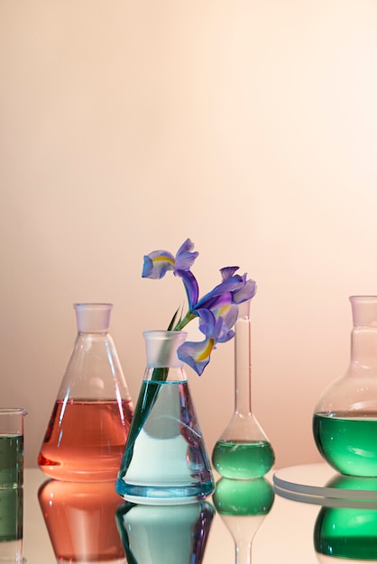 무료 사진 유색 액체와 꽃이 있는 실험실 유리 제품