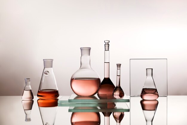 Laboratory glassware with colored liquid arrangement