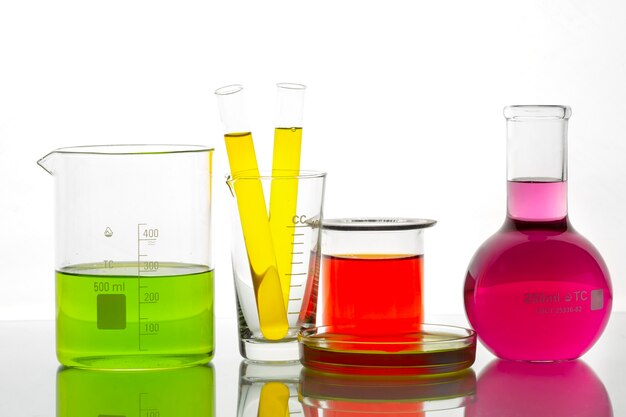 Laboratory glassware with colored liquid arrangement