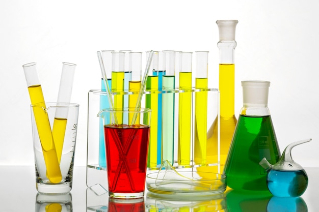 Laboratory glassware with colored liquid still life