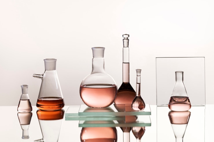 Free Photo laboratory glassware with colored liquid
